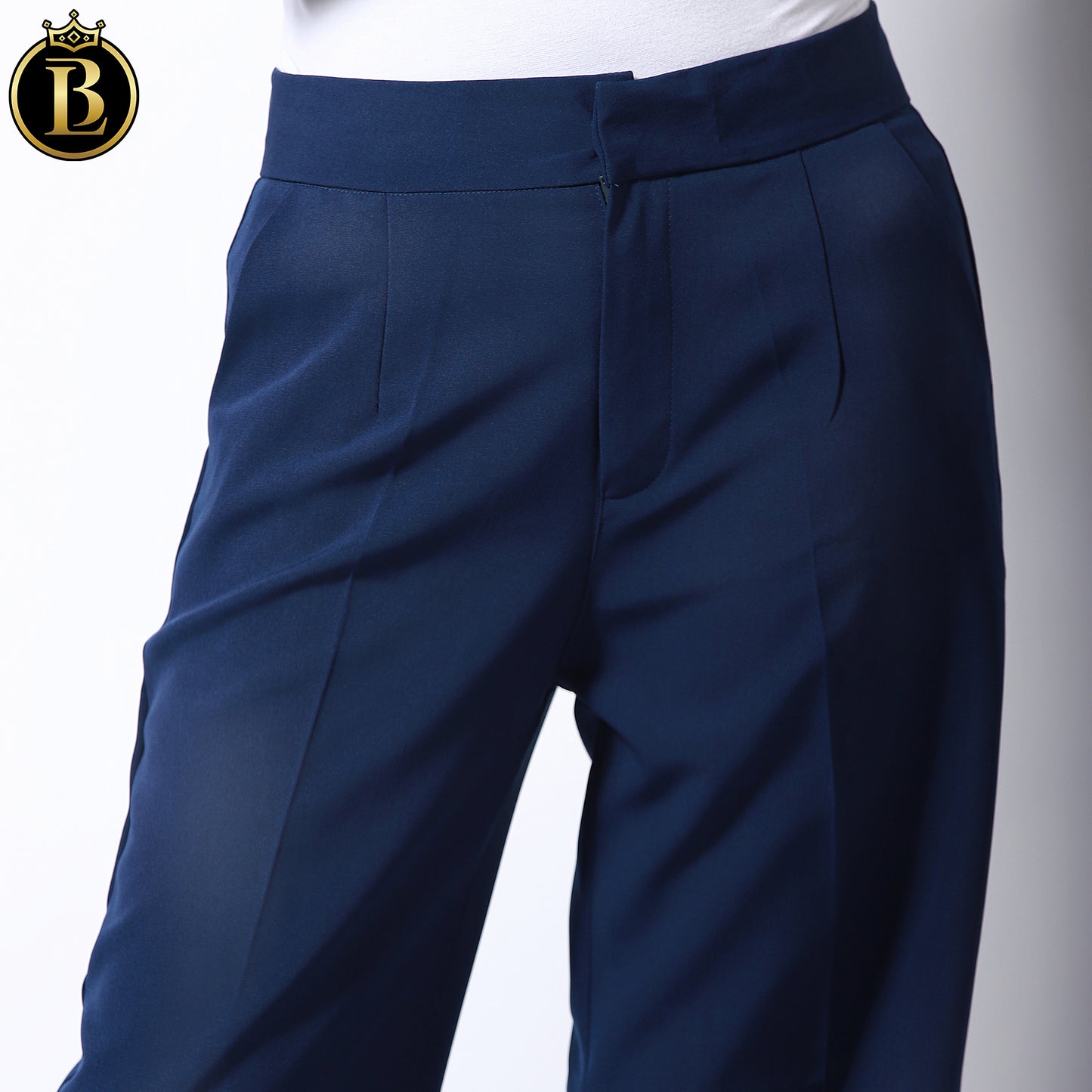 Blue High-Rise Slim Fit Cotton Formal Pant