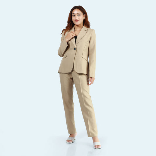 Cream Single Button Formal Coat And Pant Set For Women