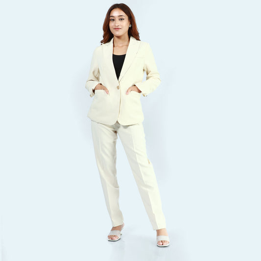 Cream Single Button Formal Coat And Pant Set For Women