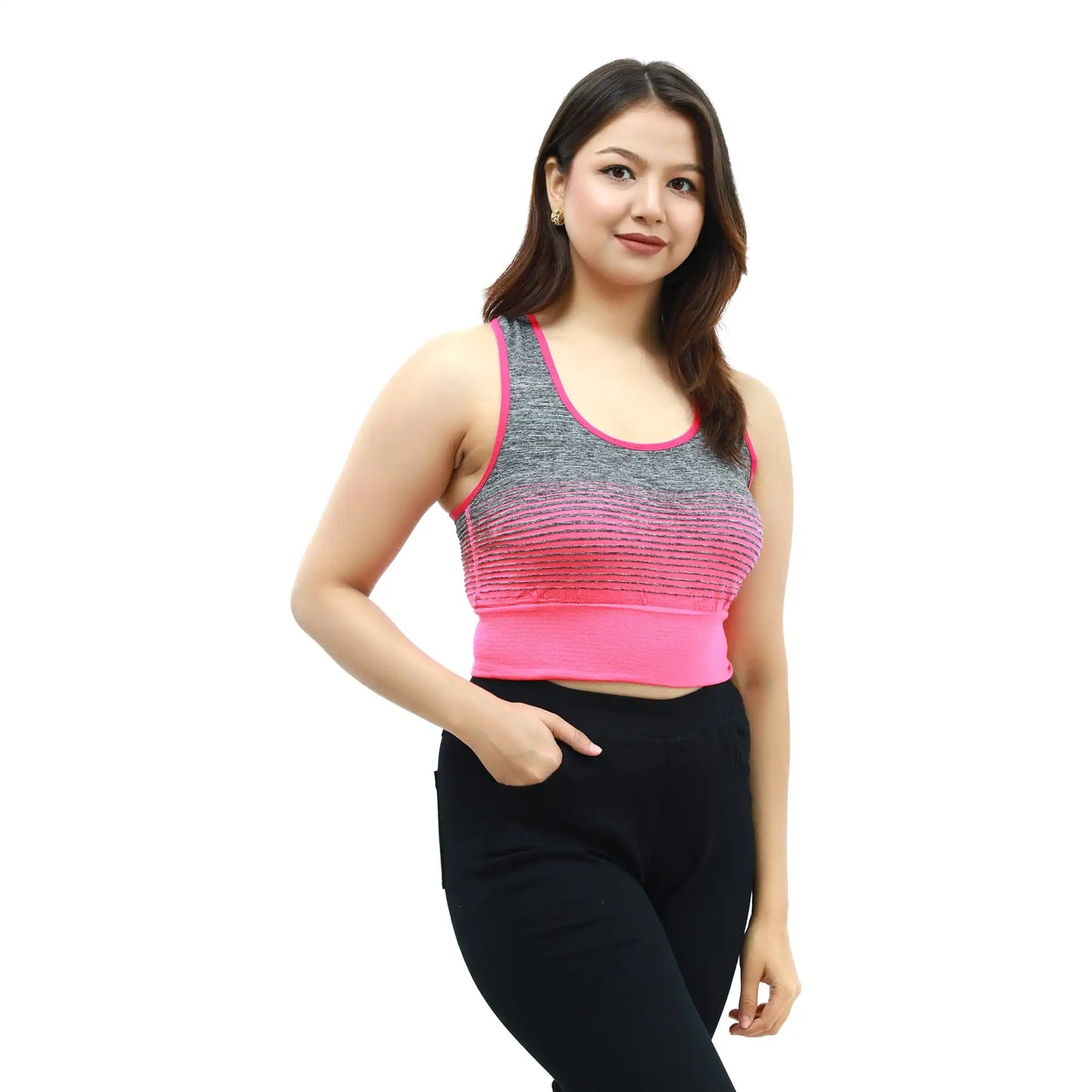 Pink And Grey Sleeves less Printed Sport Bra (SD-20-PK)