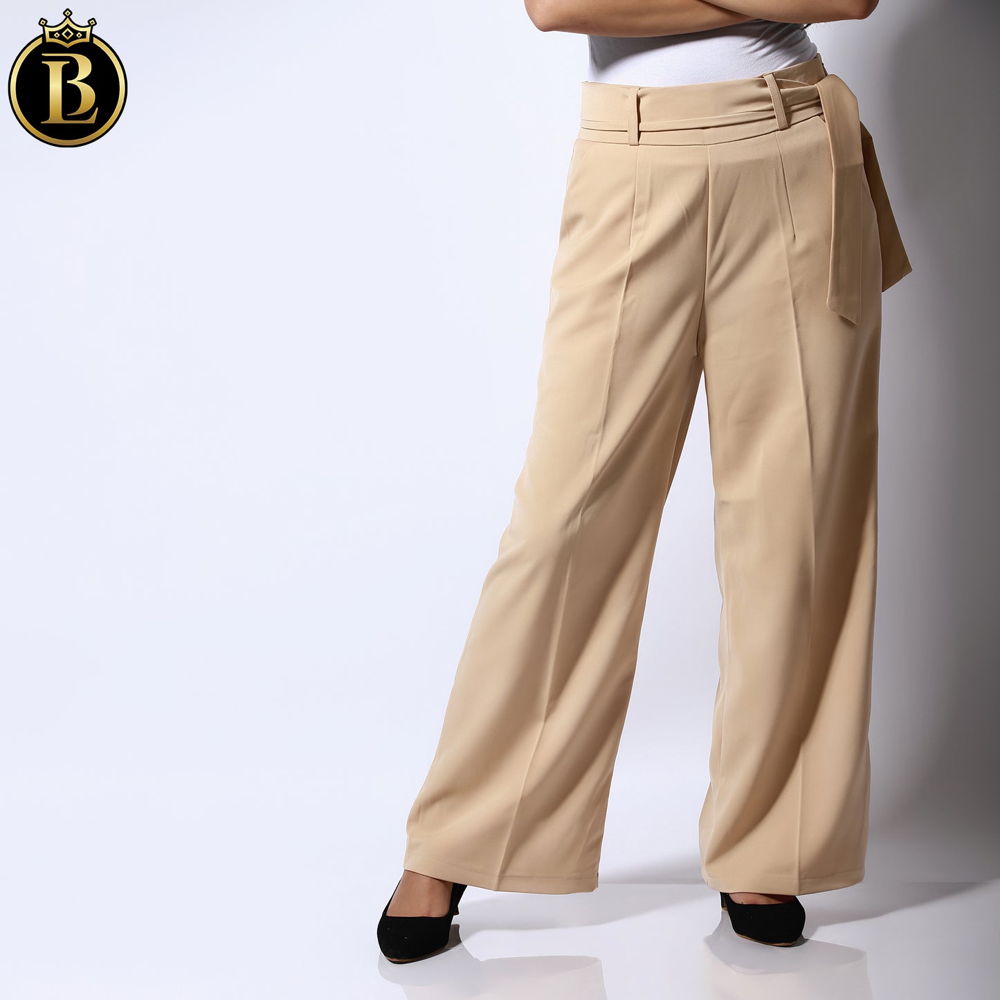 Peach High-Rise Straight Fit Formal Pant With Ribbon