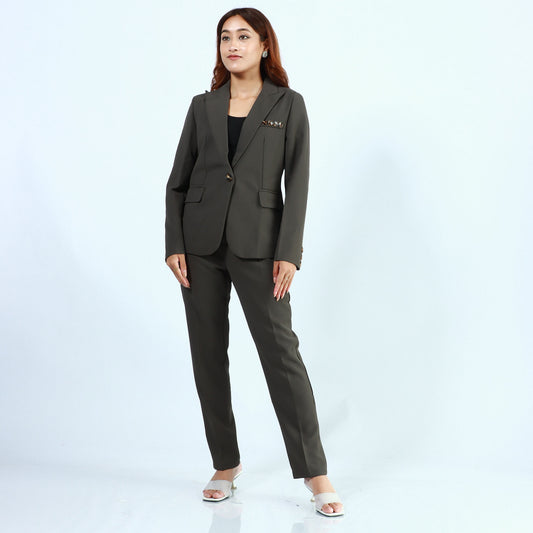 Grey Single Button Formal Coat And Pant Set For Women