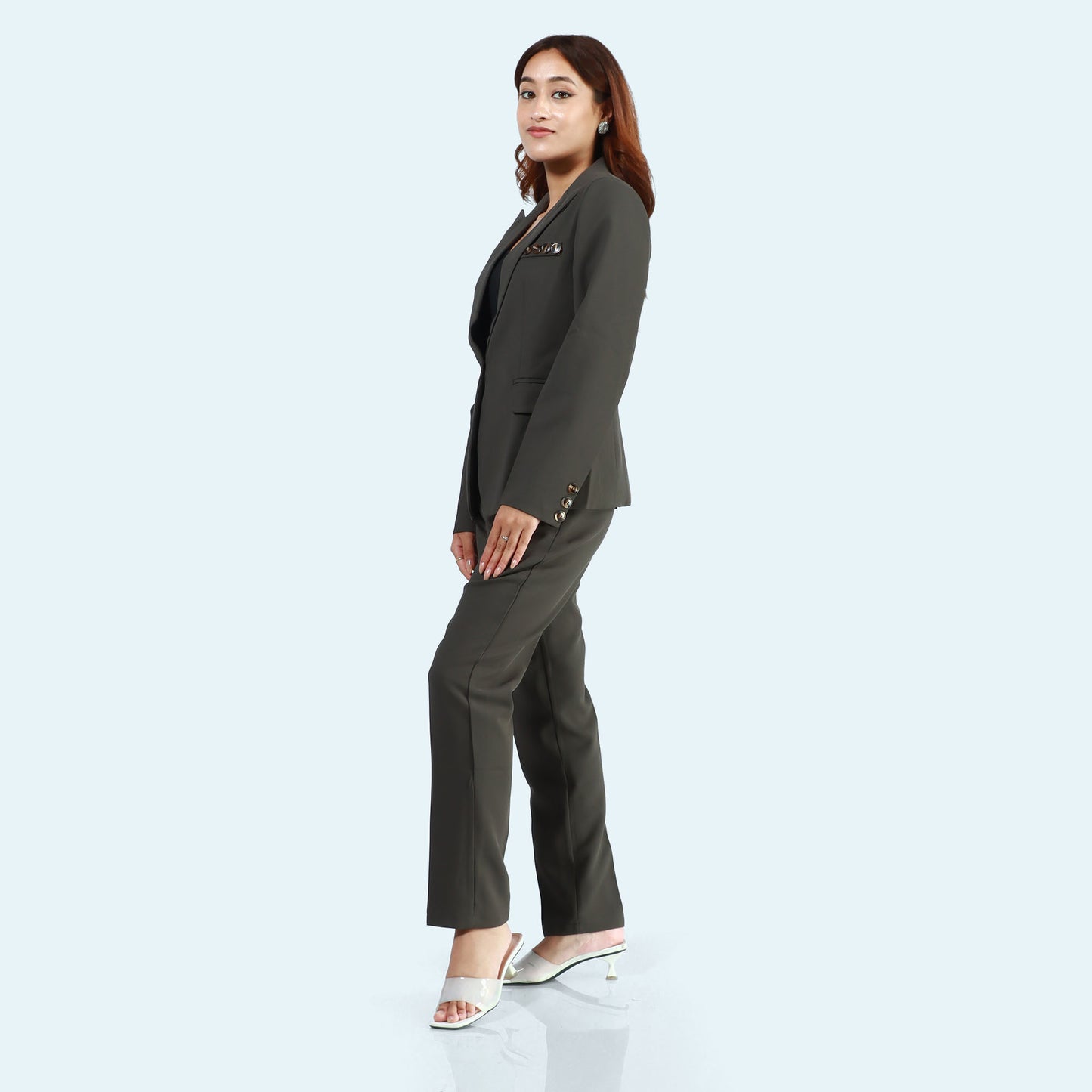 Grey Single Button Formal Coat And Pant Set For Women