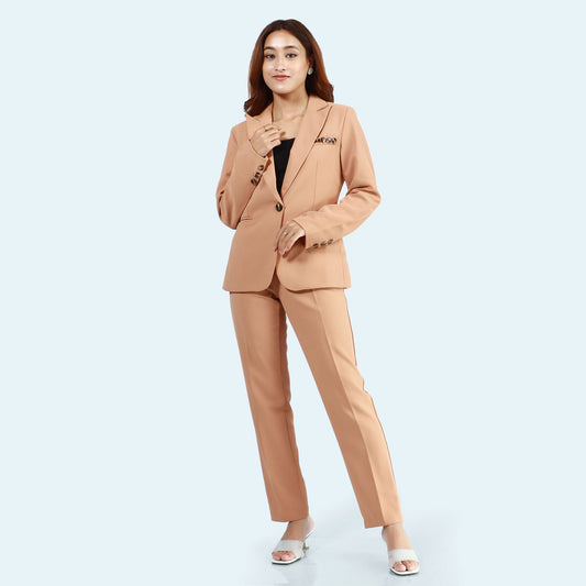 Peach Single Button Formal Coat And Pant Set For Women