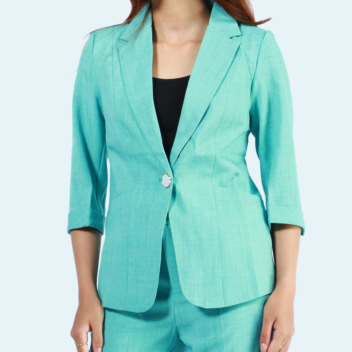 Sea Green Single Button Formal Coat And Pant Set For Women