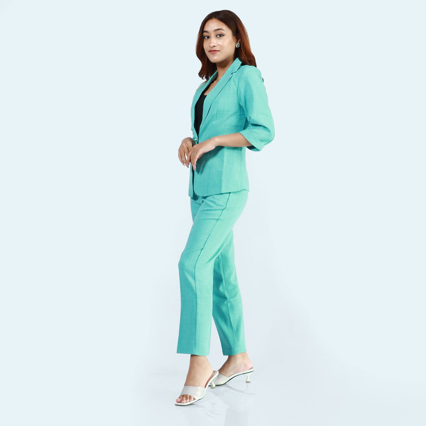 Sea Green Single Button Formal Coat And Pant Set For Women