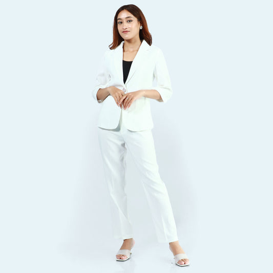 White Single Button Formal Coat And Pant Set For Women