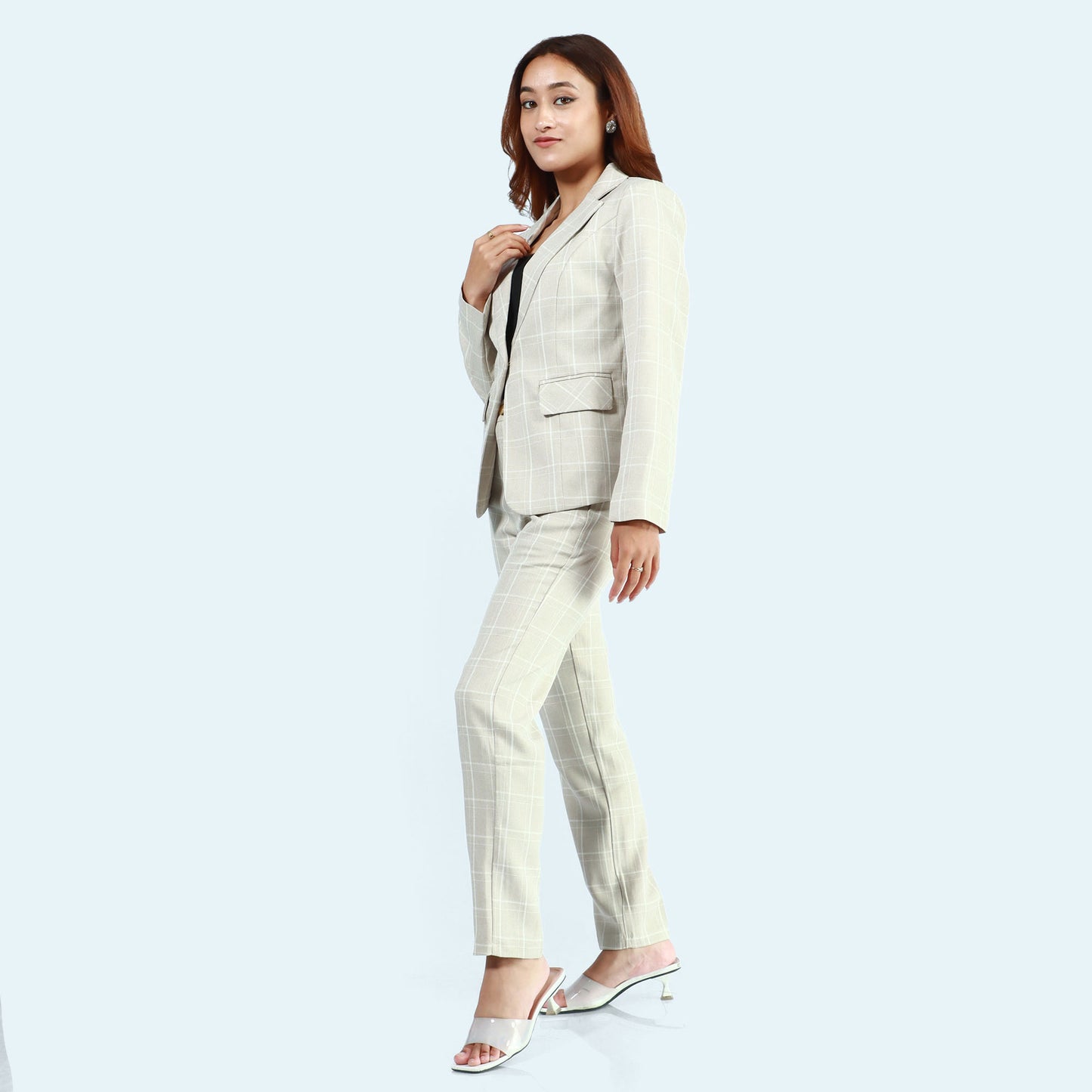 Cream Light Single Button Formal Checked Coat And Pant Set For Women