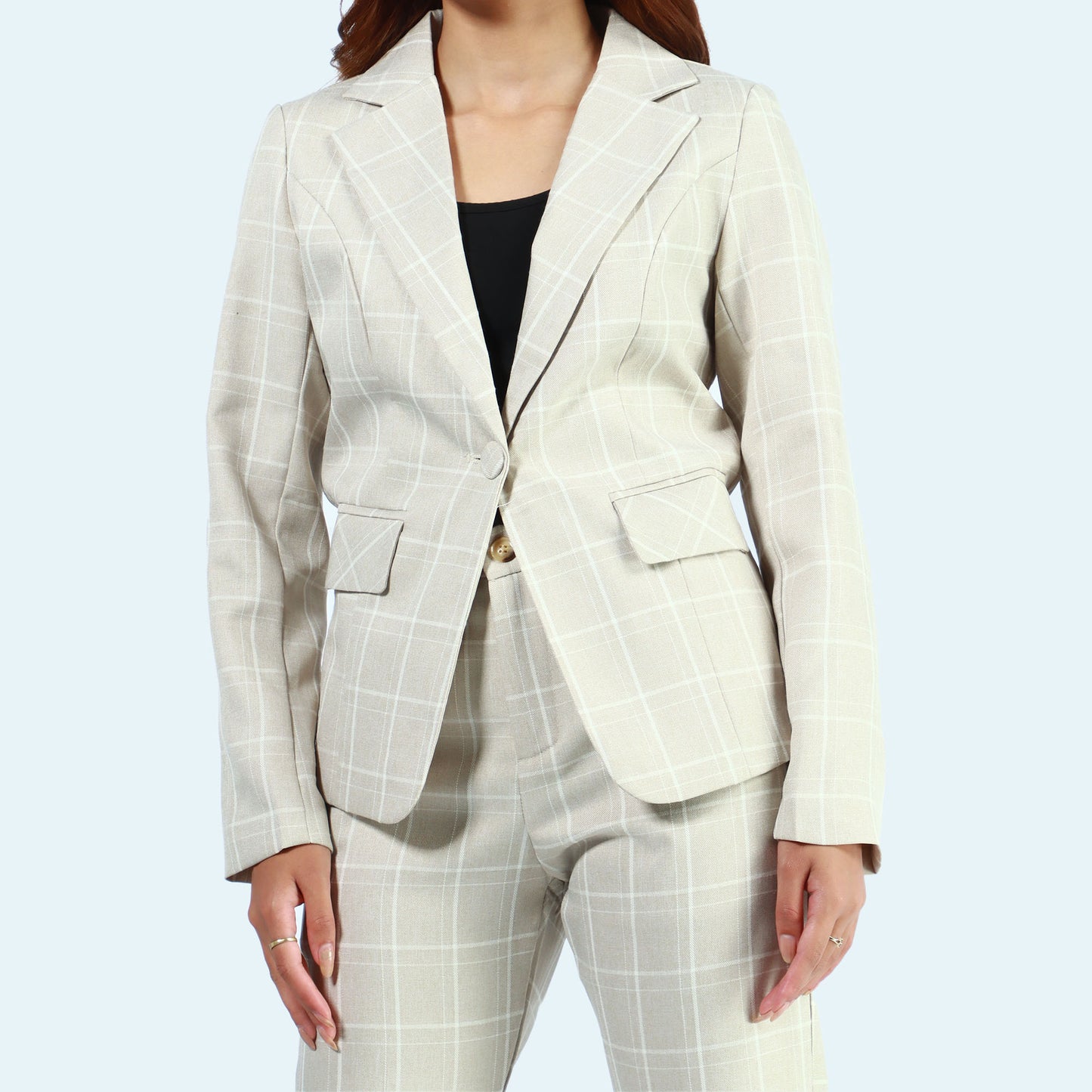 Cream Light Single Button Formal Checked Coat And Pant Set For Women