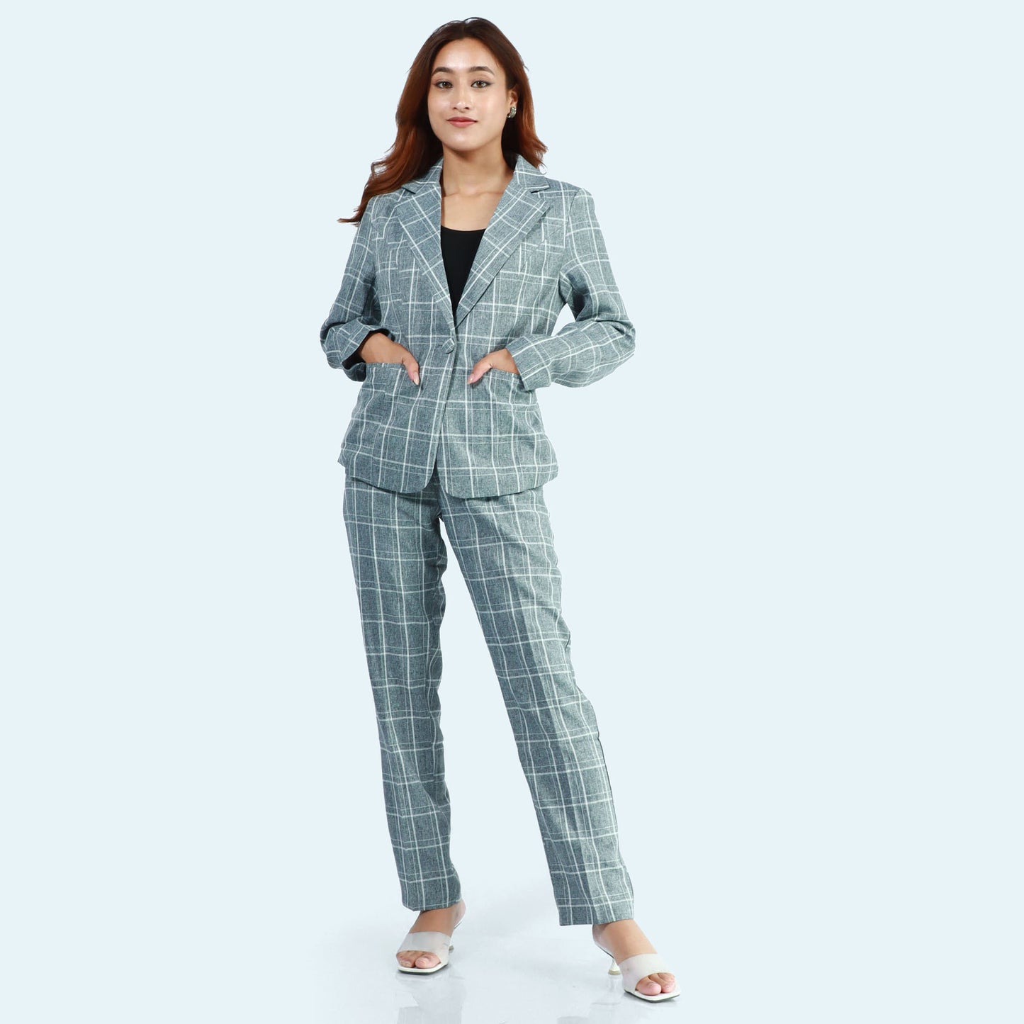 Grey Single Button Formal Checked Coat And Pant Set For Women