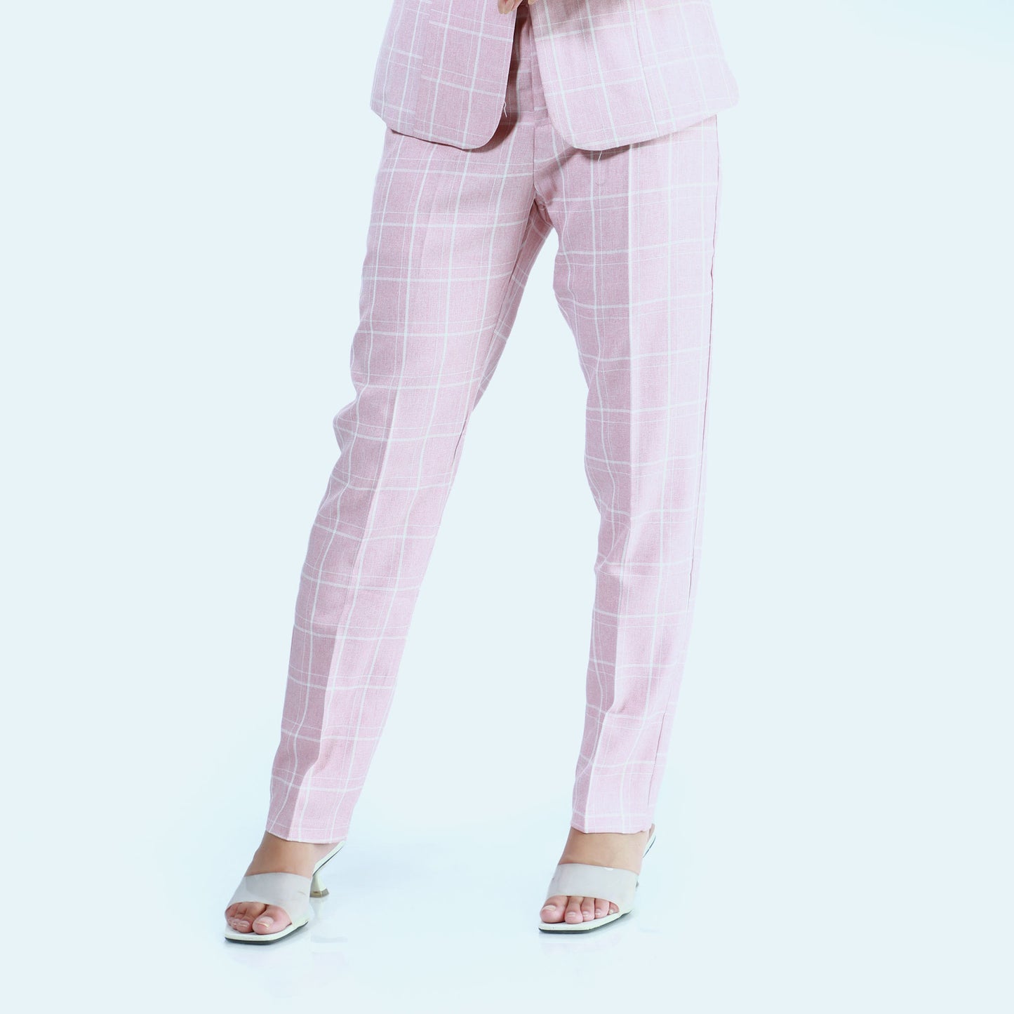 Pink Single Button Formal Checked Coat And Pant Set For Women