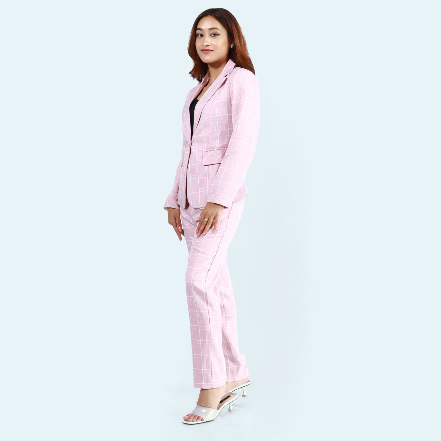 Pink Single Button Formal Checked Coat And Pant Set For Women