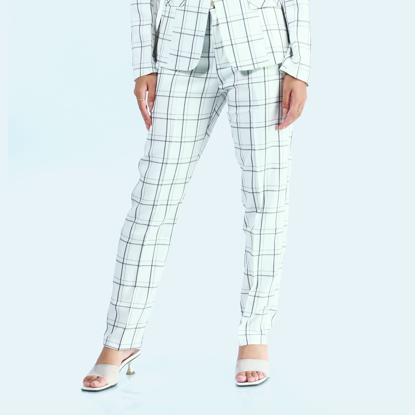 White Single Button Formal Checked Coat And Pant Set For Women