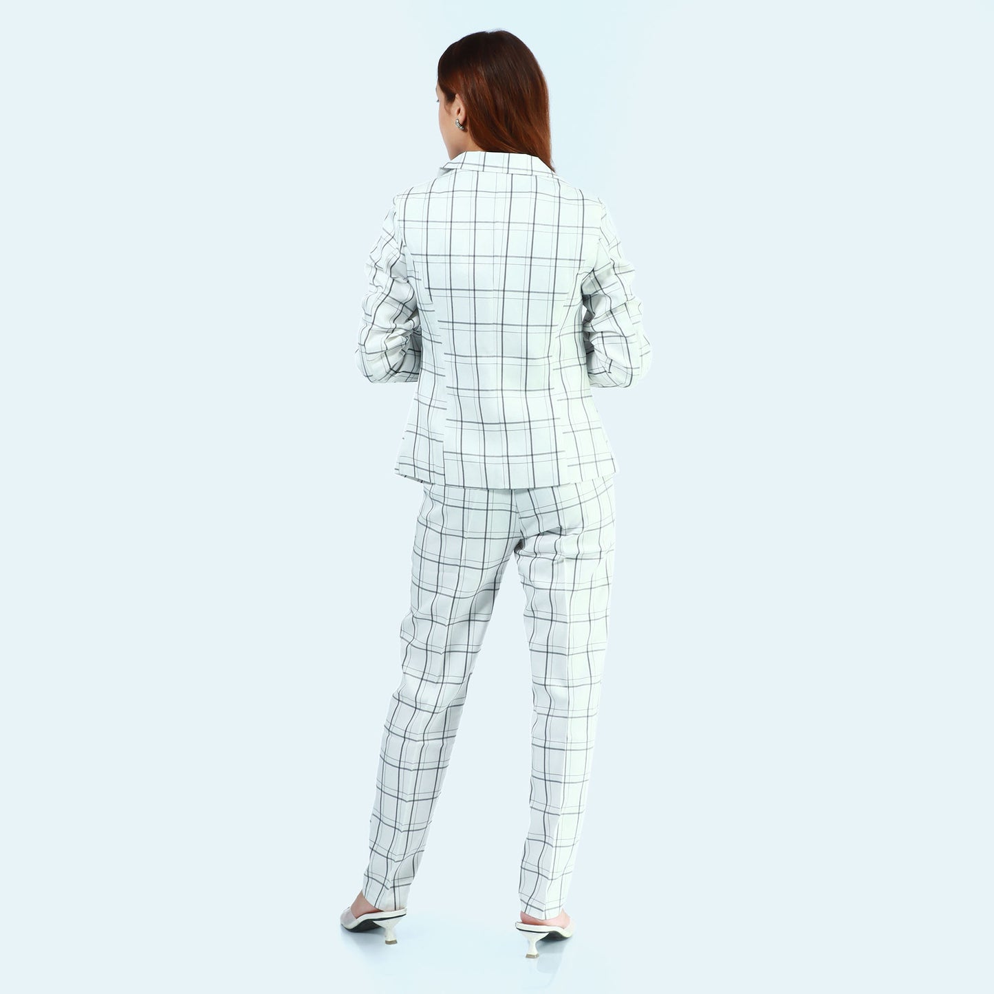 White Single Button Formal Checked Coat And Pant Set For Women