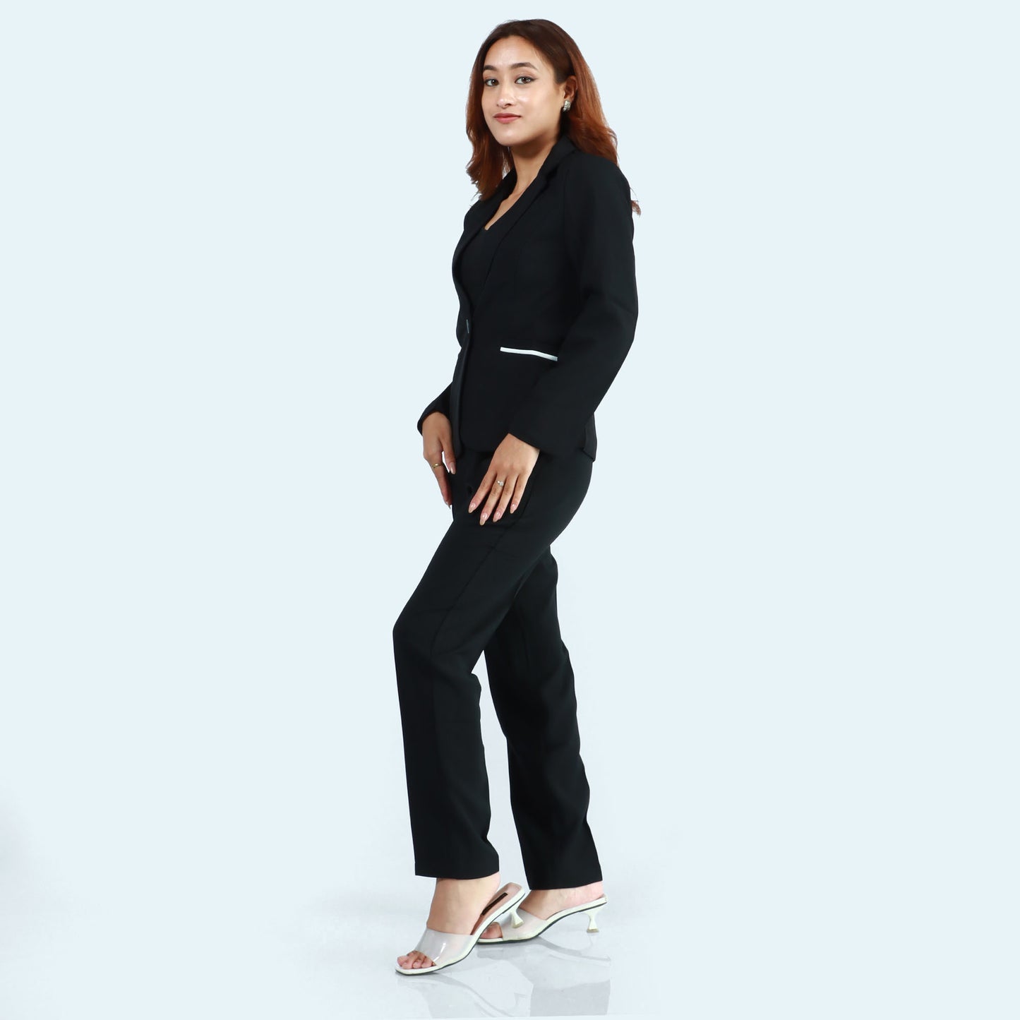 Black Single Button Formal Coat And Pant Set For Women