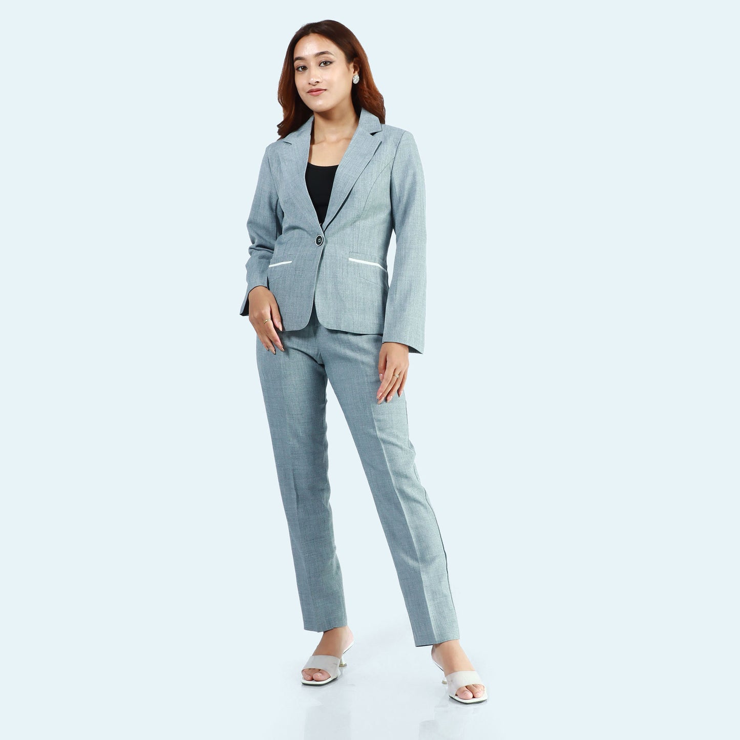 Grey Single Button Formal  Coat And Pant Set For Women