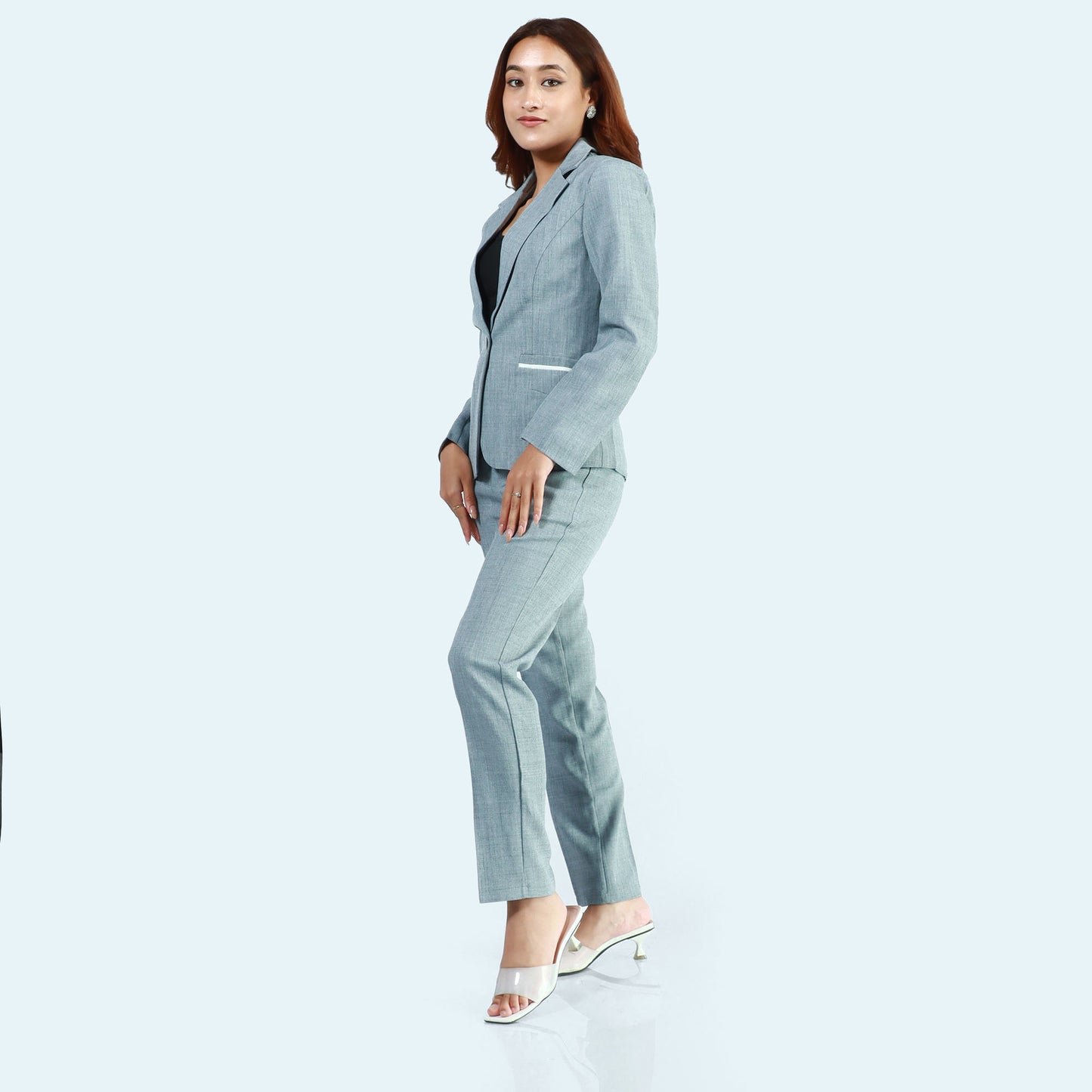 Grey Single Button Formal  Coat And Pant Set For Women