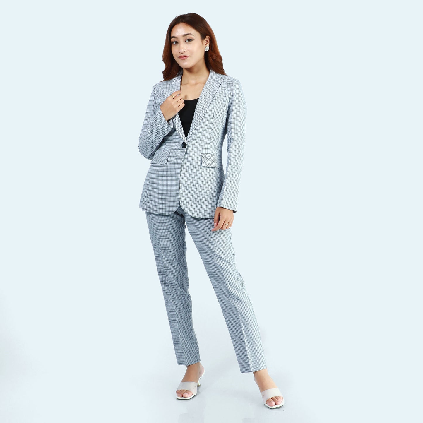 Grey Single Button Formal Checked Coat And Pant Set For Women