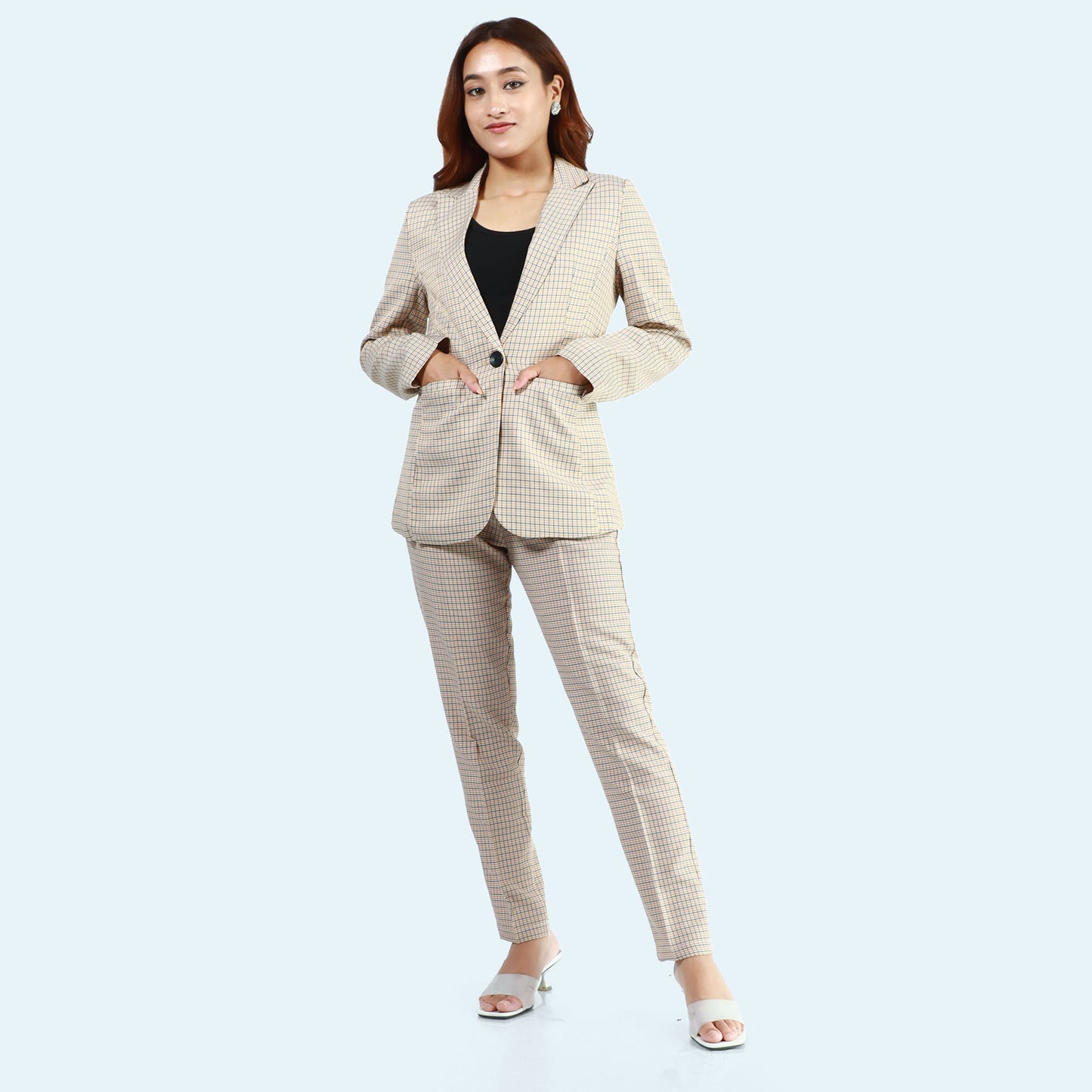 Single Button Formal Checked Coat And Pant Set For Women