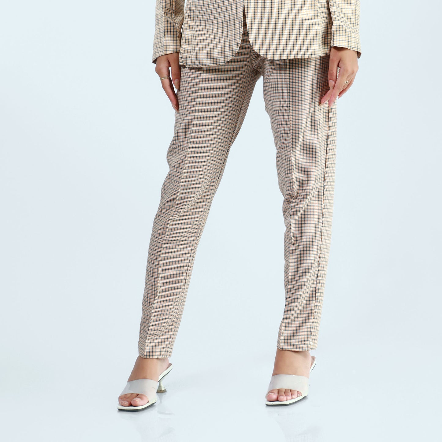 Yellow Single Button Formal Checked Coat And Pant Set For Women