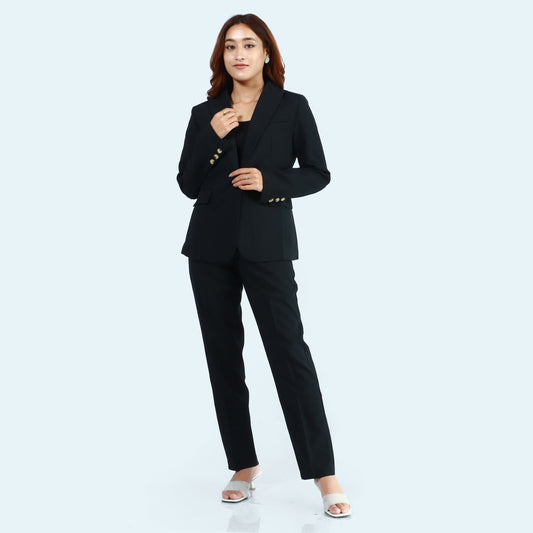 Sky Blue Single Button Formal Coat And Pant Set For Women