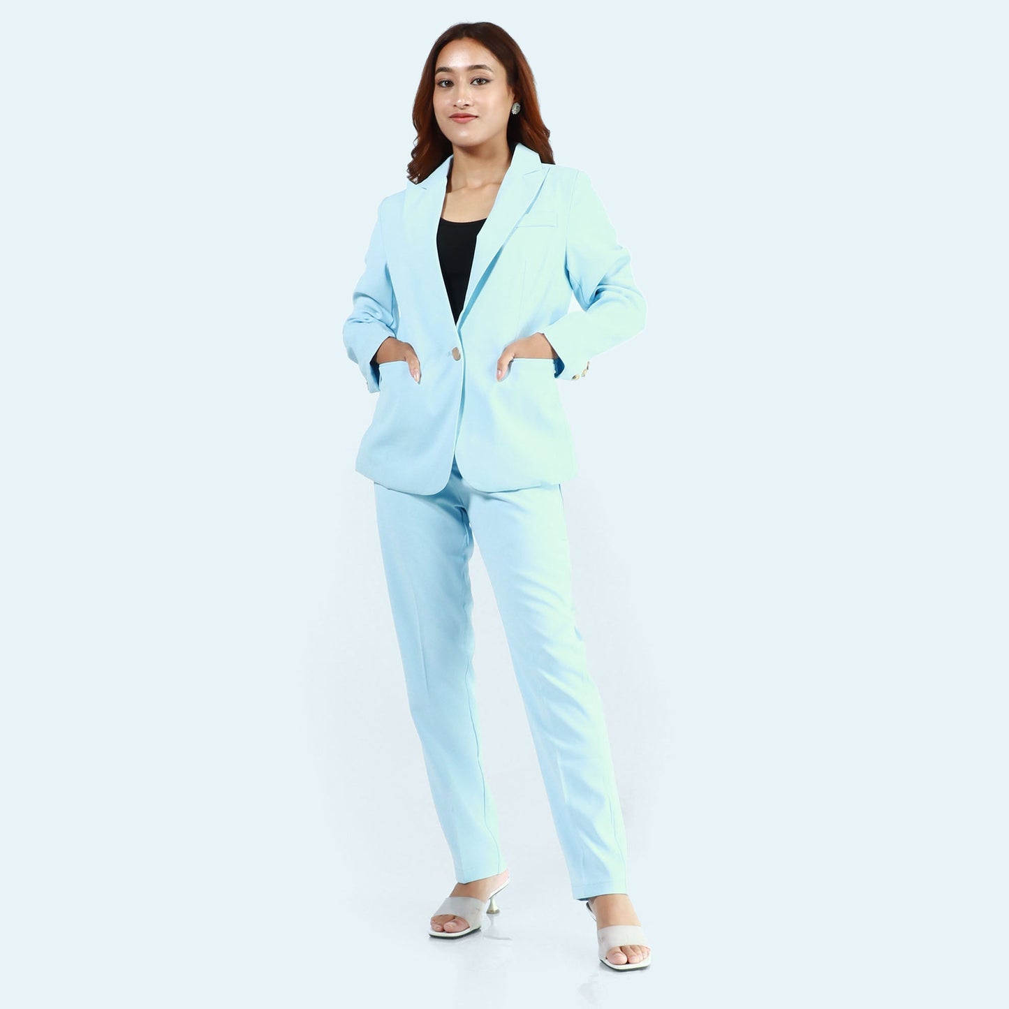Sky Blue Single Button Formal Coat And Pant Set For Women