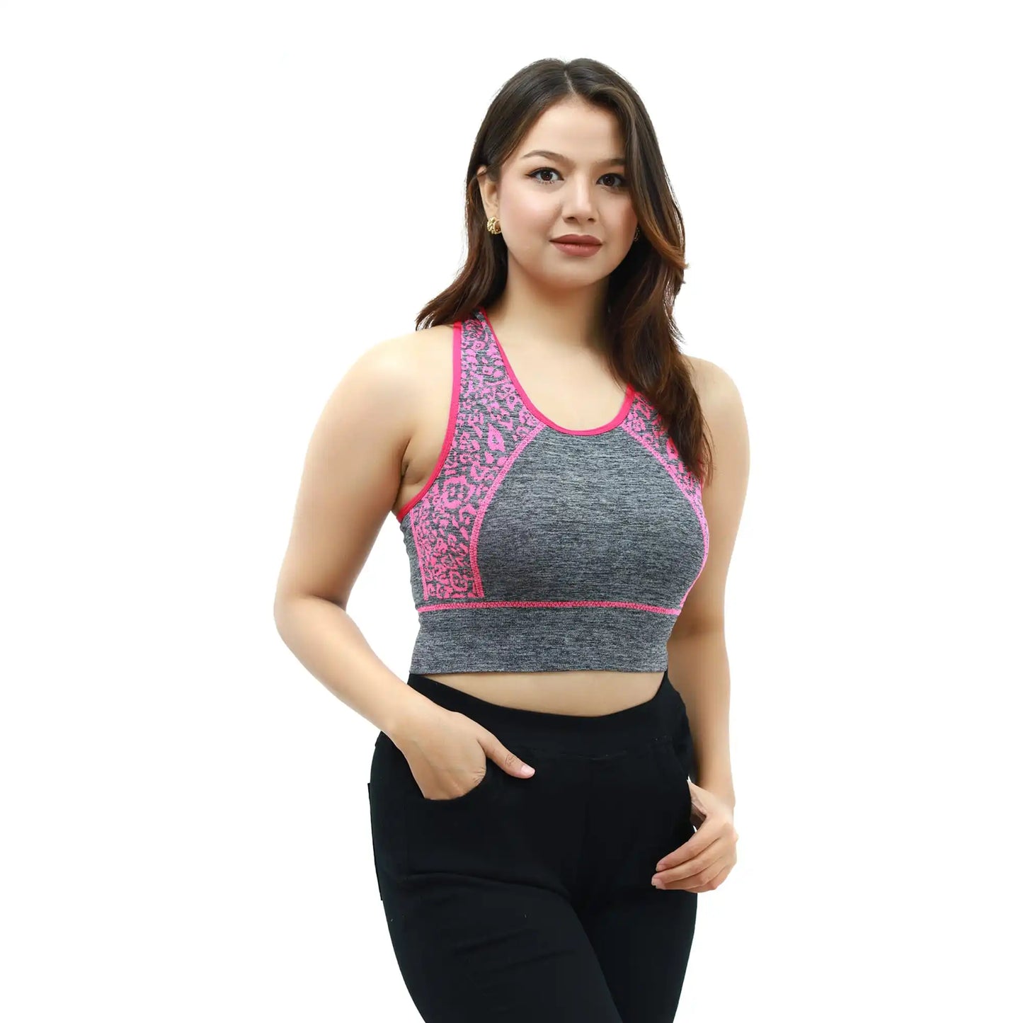 Pink And Grey Sleeves less Printed Sport Bra (SD-19-PK)